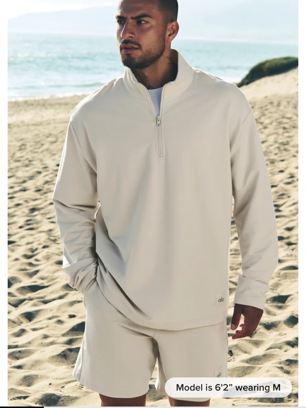 ALO Yoga Men’s Quarter-Zip Pullover Sweater Bone Medium